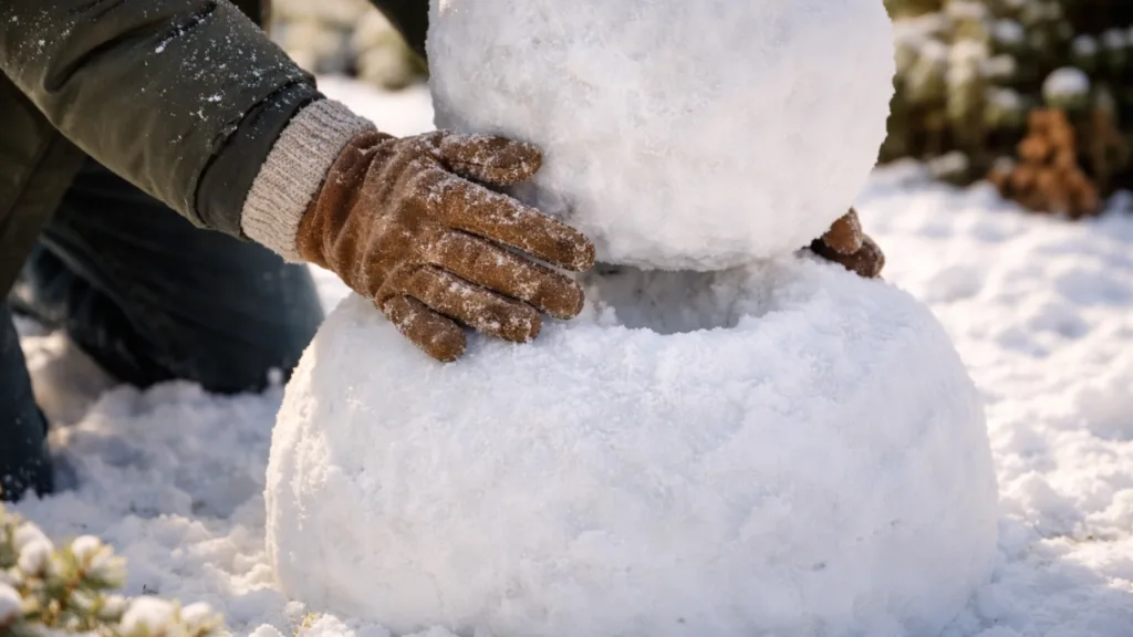 Schneemann bauen im Garten – Hände setzen Schneekugeln stabil aufeinander für festen Stand im Schnee