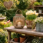 Frühlings-Gartendeko mit Holz, Blumen und Laterne im natürlichen Stil