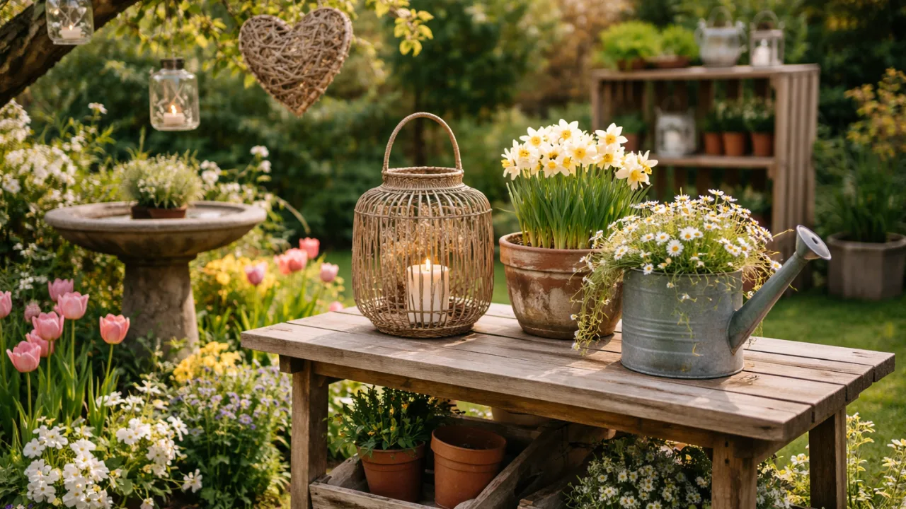 Frühlings-Gartendeko mit Holz, Blumen und Laterne im natürlichen Stil