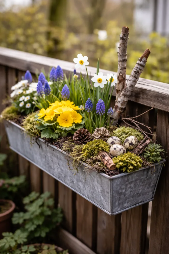 Zinkwanne als Blumenkasten mit weißen Tulpen, Moos und Primeln als Frühlingsdeko