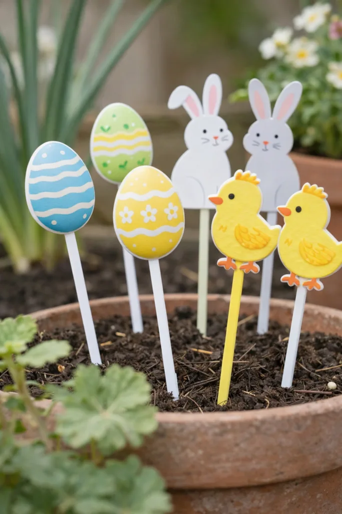 Bunte Osterdeko 2026 mit Pflanzsteckern, Küken und Eiern im Garten