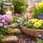 Frühlingsdeko im Beet mit Narzissen, Primeln und Dekofiguren im Sonnenlicht