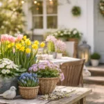 Frühlingsdeko im Außenbereich mit Blumen, Kranz und Körben auf Terrasse