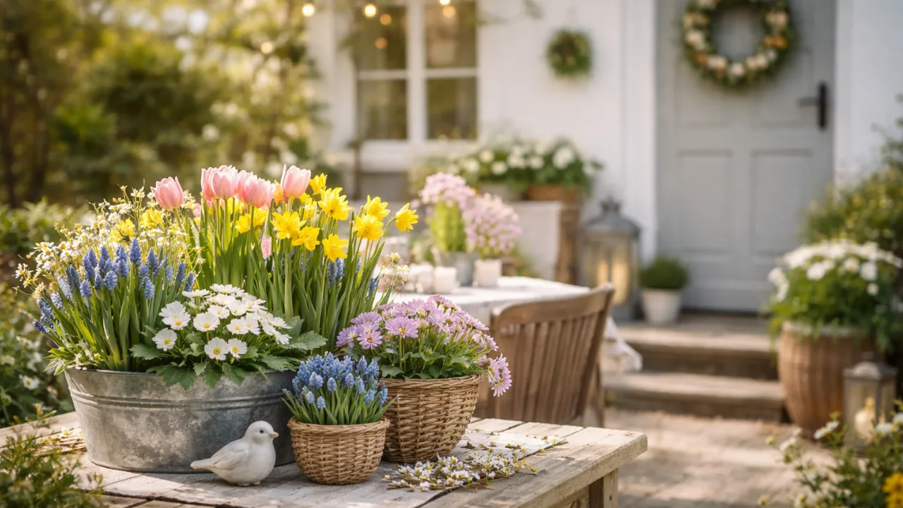 Frühlingsdeko im Außenbereich mit Blumen, Kranz und Körben auf Terrasse