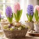 Hyazinthe Deko im Glas und Topf mit Moos auf Holztisch im Sonnenlicht