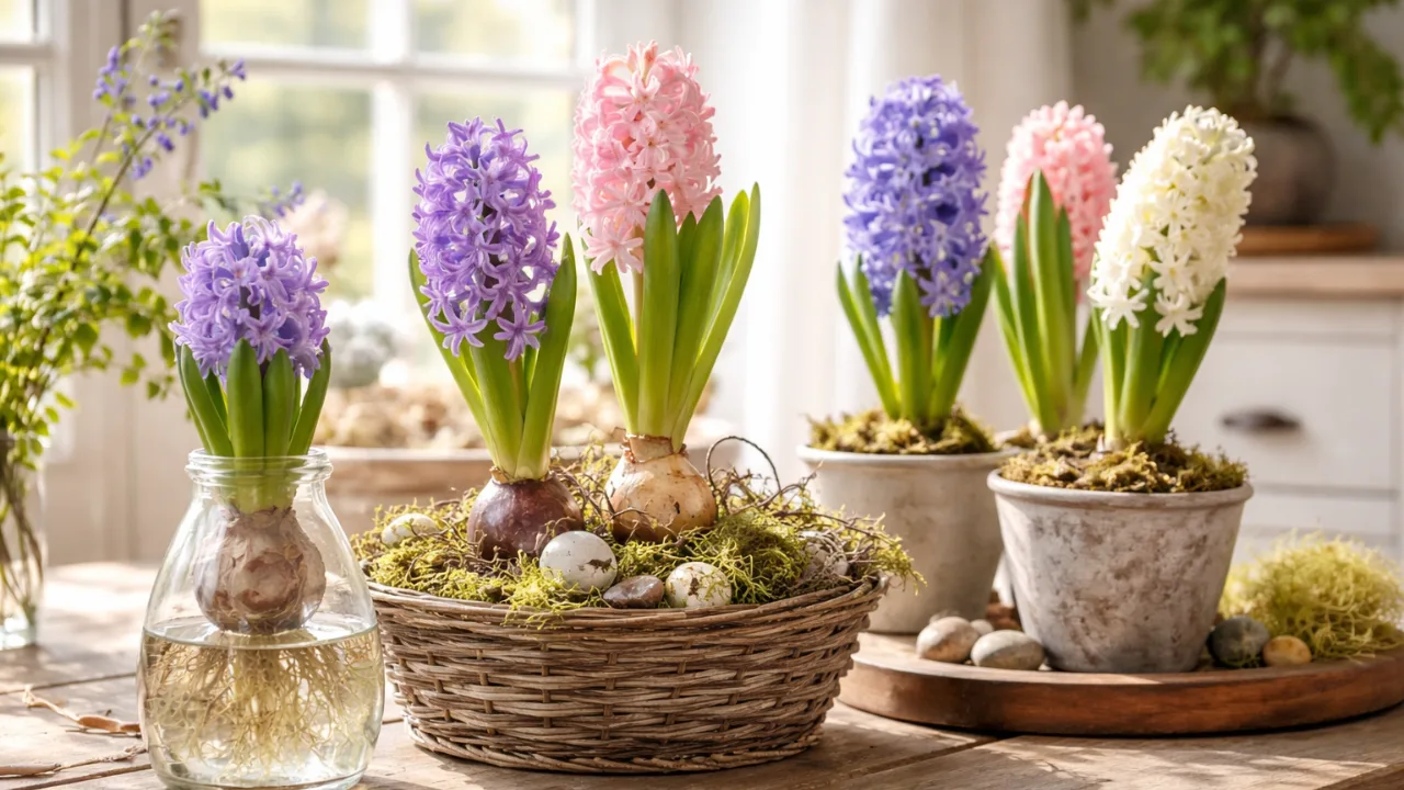 Hyazinthe Deko im Glas und Topf mit Moos auf Holztisch im Sonnenlicht