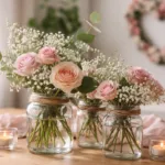 Valentinstag Blumen Deko mit rosa Rosen, Schleierkraut und Kerzen auf Holztisch