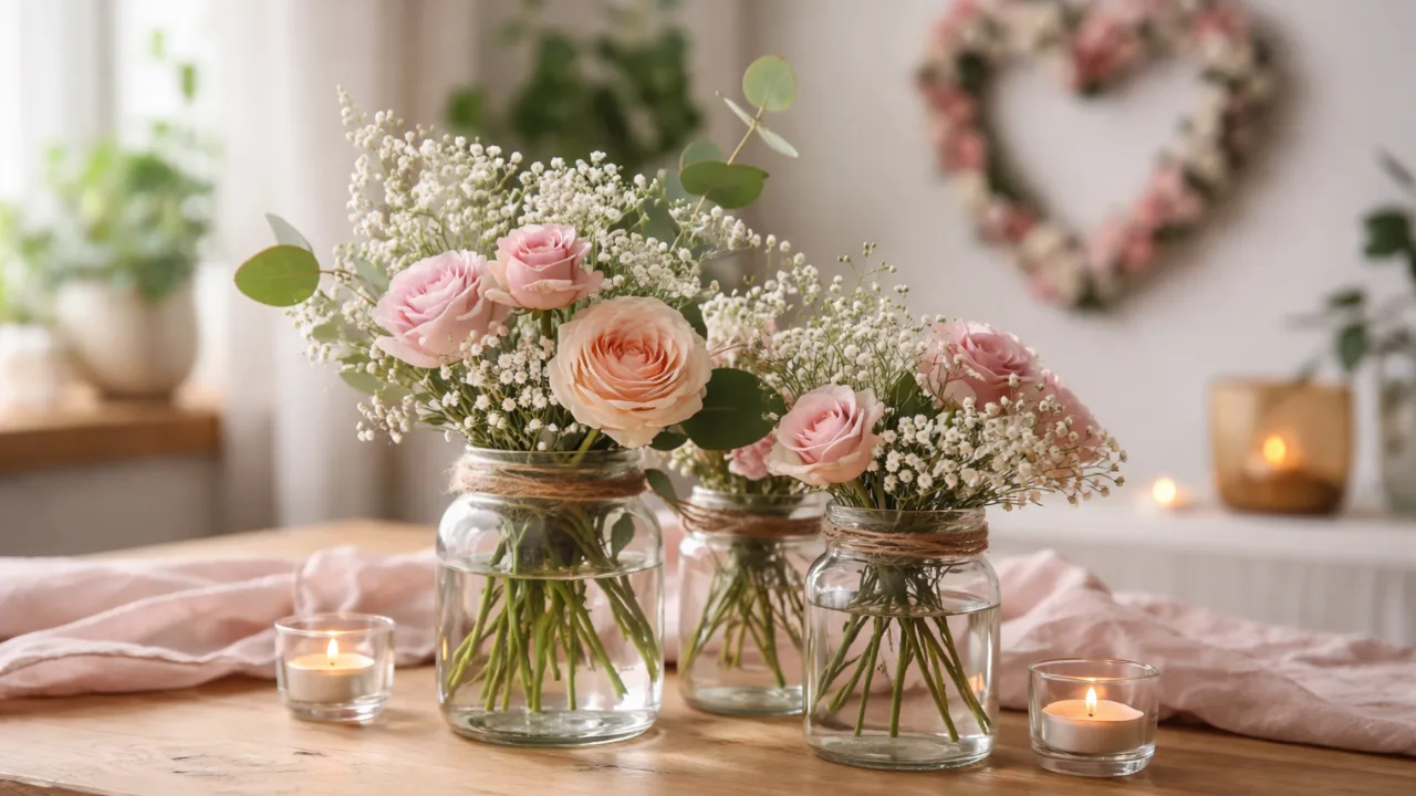 Valentinstag Blumen Deko mit rosa Rosen, Schleierkraut und Kerzen auf Holztisch