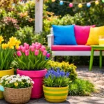 Dopamin Deko im Garten im Frühling: bunte Töpfe mit Narzissen, Tulpen und Bank mit Kissen.