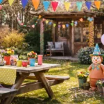 Faschingsdeko für draußen mit Girlanden, Luftballons und bunter Gartendeko.