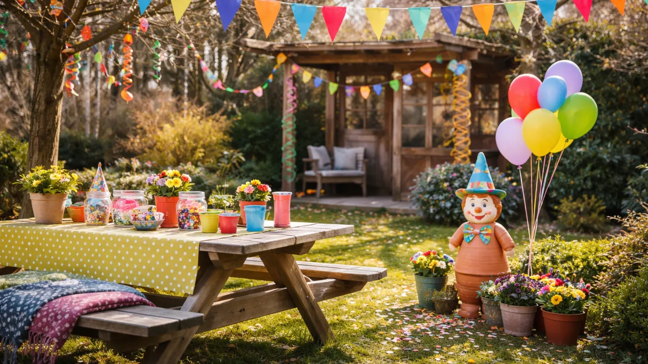 Faschingsdeko für draußen mit Girlanden, Luftballons und bunter Gartendeko.