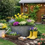 Frühlingsdeko im Schrebergarten mit Blumen, Zinkwanne, Gummistiefeln und Gartenhaus