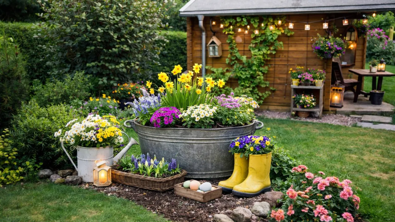 5 wunderschöne Frühlingsdeko-Ideen für deinen Schrebergarten Frühlingsdeko im Schrebergarten mit Blumen, Zinkwanne, Gummistiefeln und Gartenhaus
