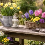 Frühlingsdeko draußen mit Narzissen, Hyazinthen und Primeln auf Holztisch im Garten