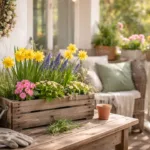 Frühlingsdeko auf dem Balkon mit Blumen, Kräutern und Lichterkette