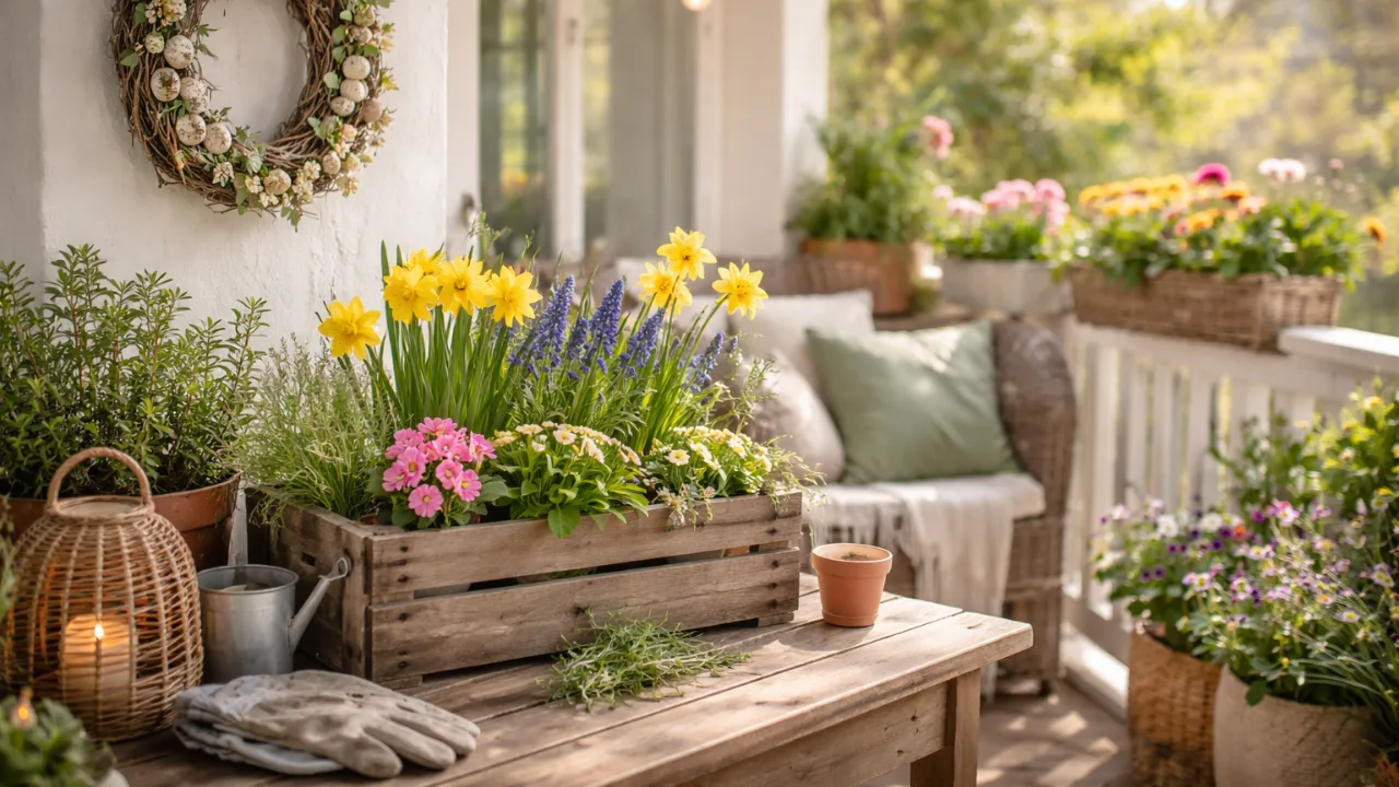 Frühlingsdeko auf dem Balkon mit Blumen, Kräutern und Lichterkette