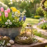 Frühlingsdeko im Garten mit bunten Blumen, Zinkwanne und Windlicht