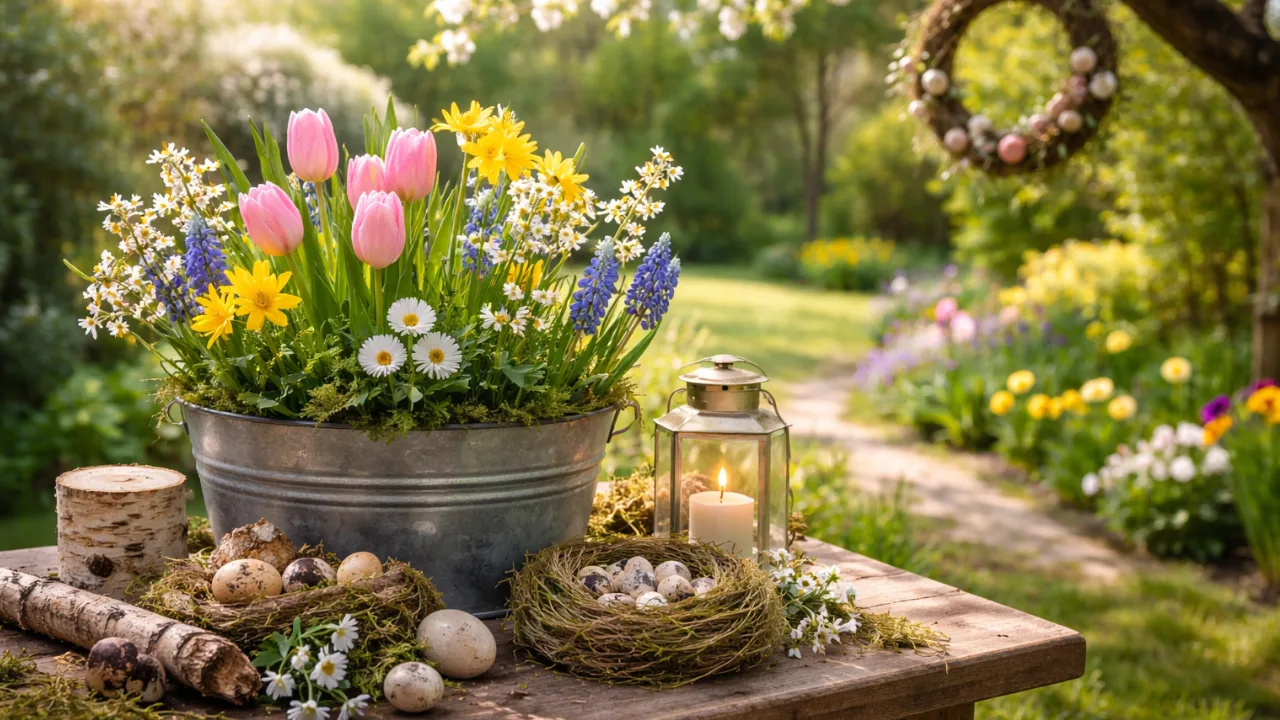 Frühlingsdeko im Garten mit bunten Blumen, Zinkwanne und Windlicht