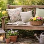 Holzbank im Garten mit Frühlingsdeko, Blumen, Kissen und Laterne in natürlicher Umgebung