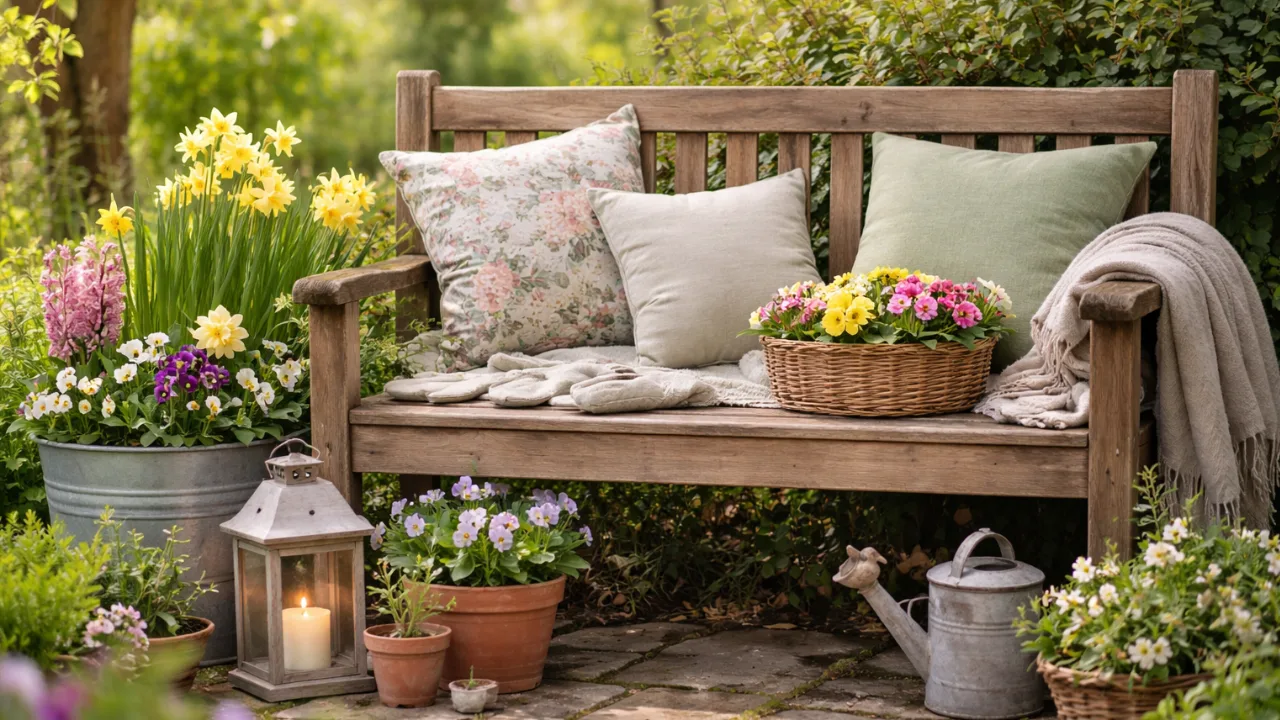 Frühlingsdeko für die Gartenbank: 5 wunderschöne Ideen zum Nachmachen Holzbank im Garten mit Frühlingsdeko, Blumen, Kissen und Laterne in natürlicher Umgebung