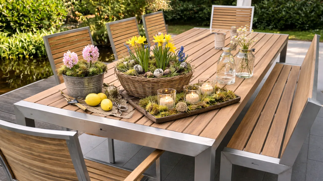 Moderner Gartentisch mit Frühlingsdeko aus Blumen, Moos, Glasvasen und Kerzen