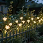 Beleuchtete Frühlingsdeko am Gartenzaun mit warmem Solarlicht in Blumenform