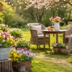 Frühlingsdeko im großen Garten mit Blumeninseln, Sitzbereich und Naturmaterialien