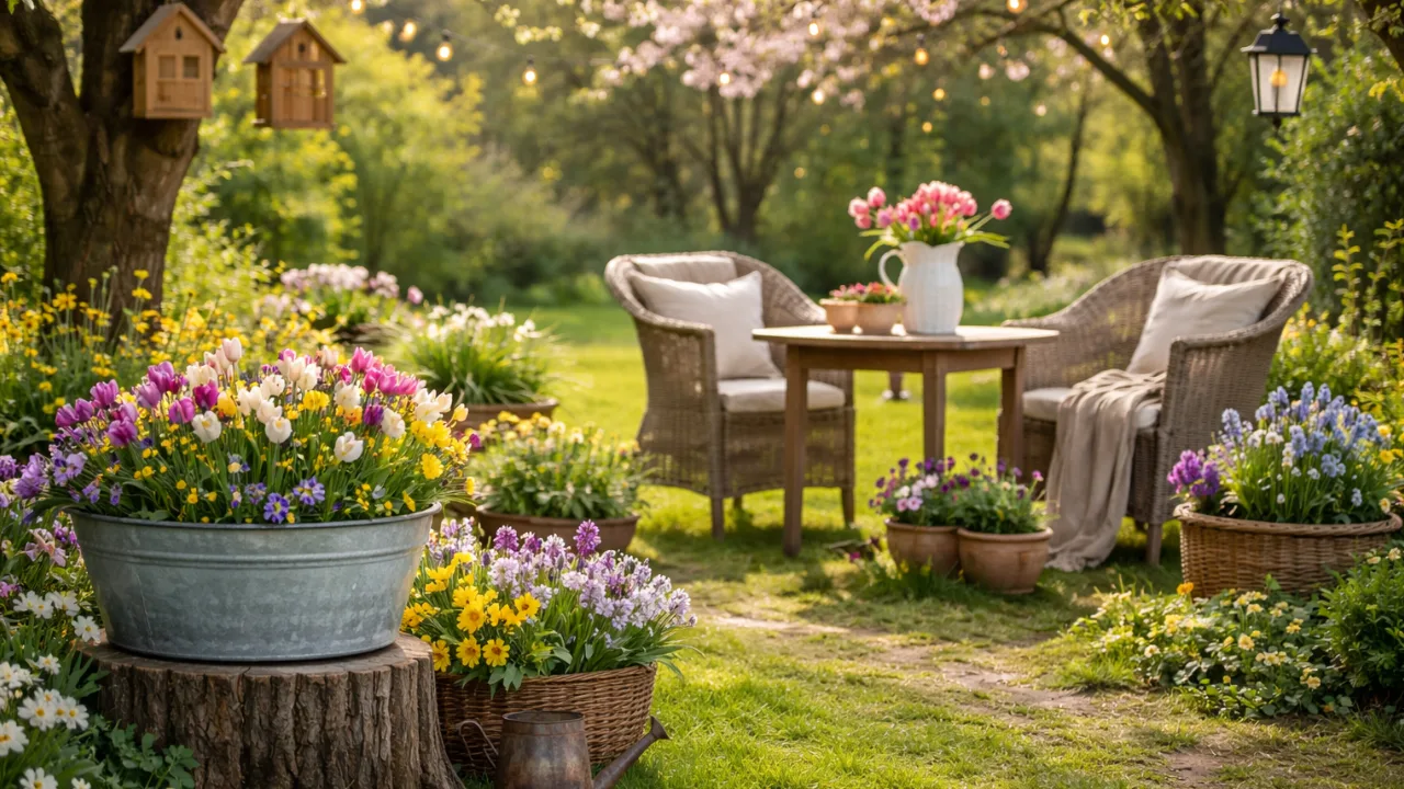Frühlingsdeko im großen Garten mit Blumeninseln, Sitzbereich und Naturmaterialien