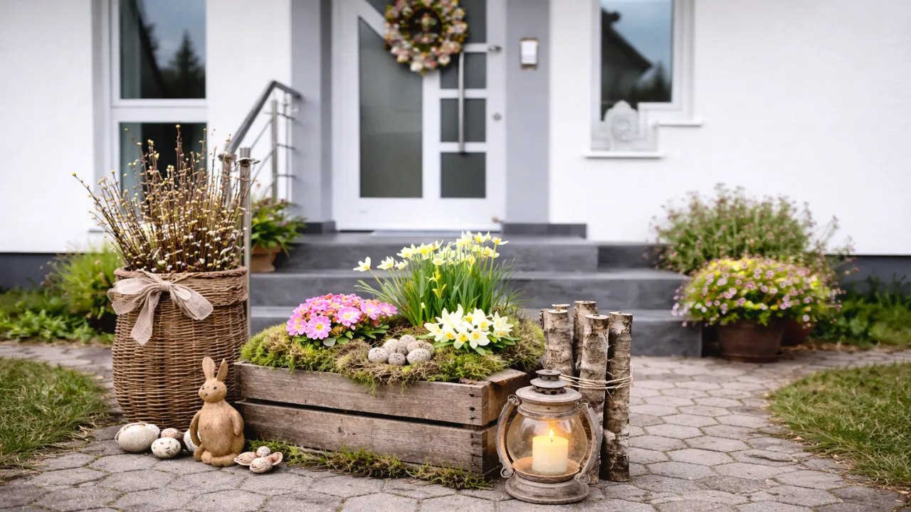 Frühlingsdeko am Hauseingang mit Holz, Blumen, Osterhasen und Türkranz auf Steinweg