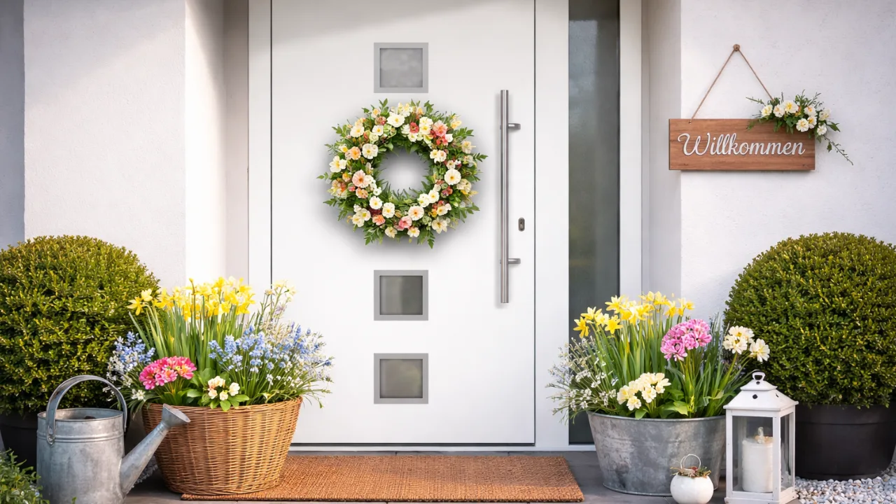 5 geniale Ideen für Frühlingsdeko an deiner Haustür Moderne Haustür mit Frühlingsdeko, Blumenkranz und Pflanzkübeln voller Frühblüher