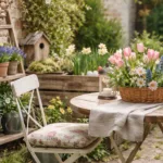 Kleiner Garten mit Frühlingsdeko, Blumen, Sitzplatz und natürlichem Licht