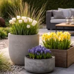 Moderne Frühlingsdeko im Garten mit Tulpen, Narzissen und minimalistischen Pflanzgefäßen
