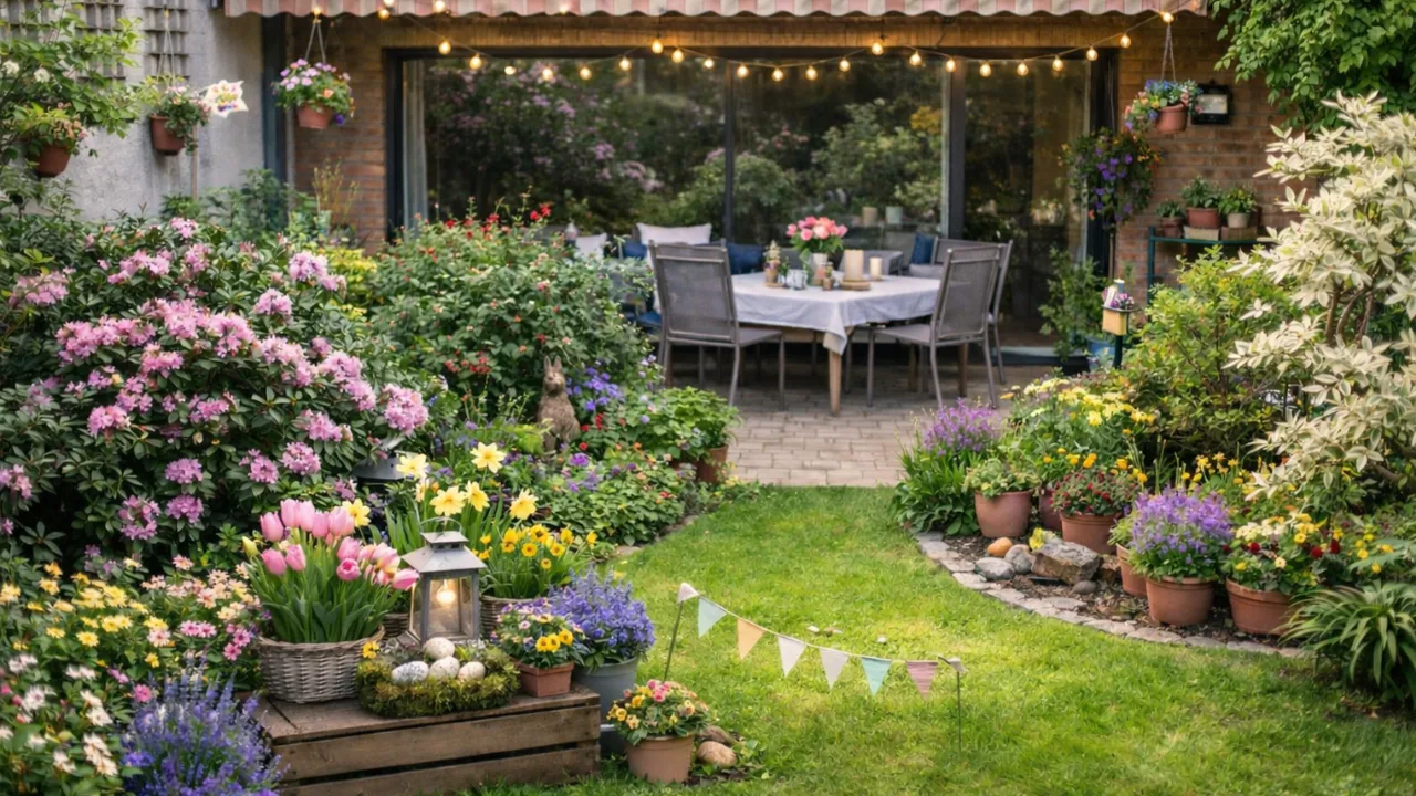 Frühlingsdeko im Reihenhausgarten mit bunten Blumen, Lichterkette und gemütlicher Terrasse
