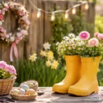 Frühlingsdeko im Garten mit Blumen, Kranz und DIY-Ideen