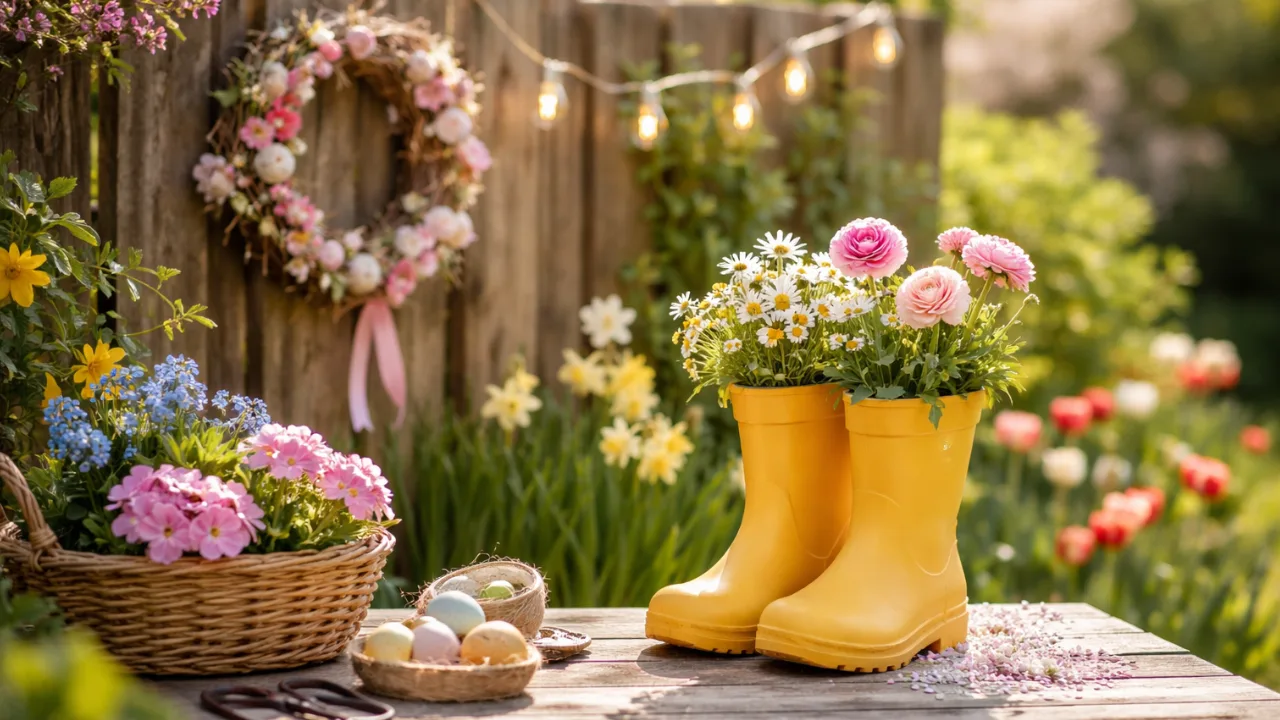 Frühlingsdeko im Garten mit Blumen, Kranz und DIY-Ideen