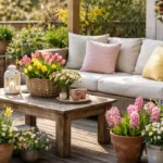 Frühlingsdeko Terrasse mit Blumen, Rattanmöbeln und natürlicher Holzgestaltung im Sonnenlicht