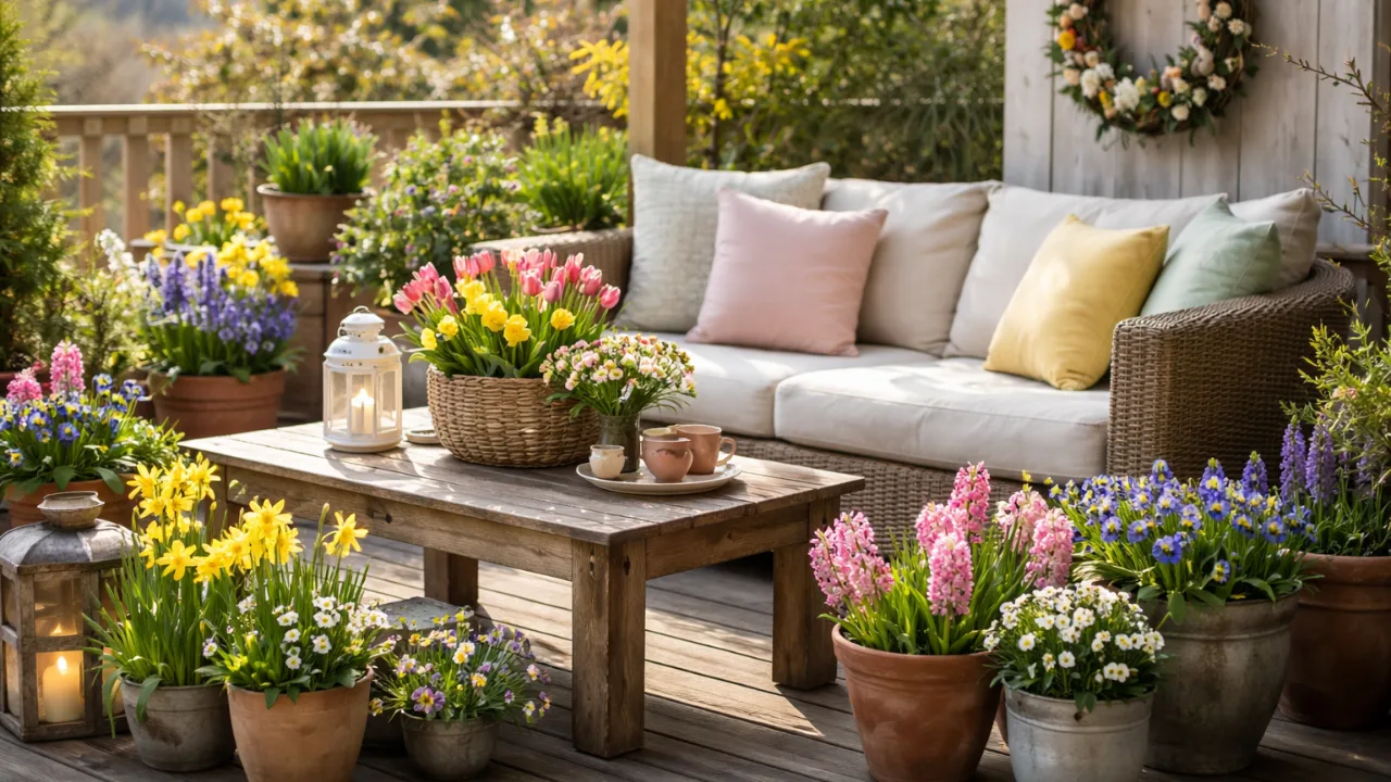 Frühlingsdeko Terrasse mit Blumen, Rattanmöbeln und natürlicher Holzgestaltung im Sonnenlicht