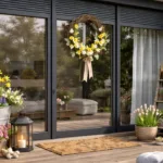 Frühlingsdeko an moderner Terrassentür mit Blumen, Kranz und Laternen im Sonnenlicht