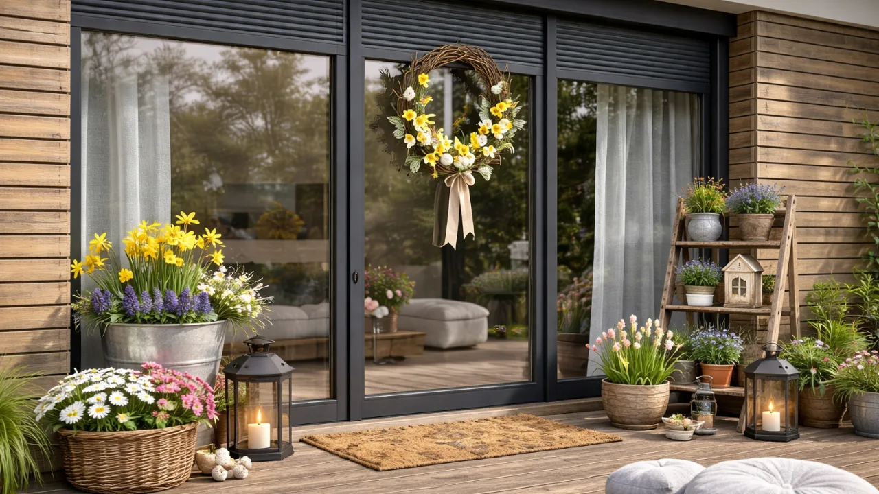 Frühlingsdeko an moderner Terrassentür mit Blumen, Kranz und Laternen im Sonnenlicht