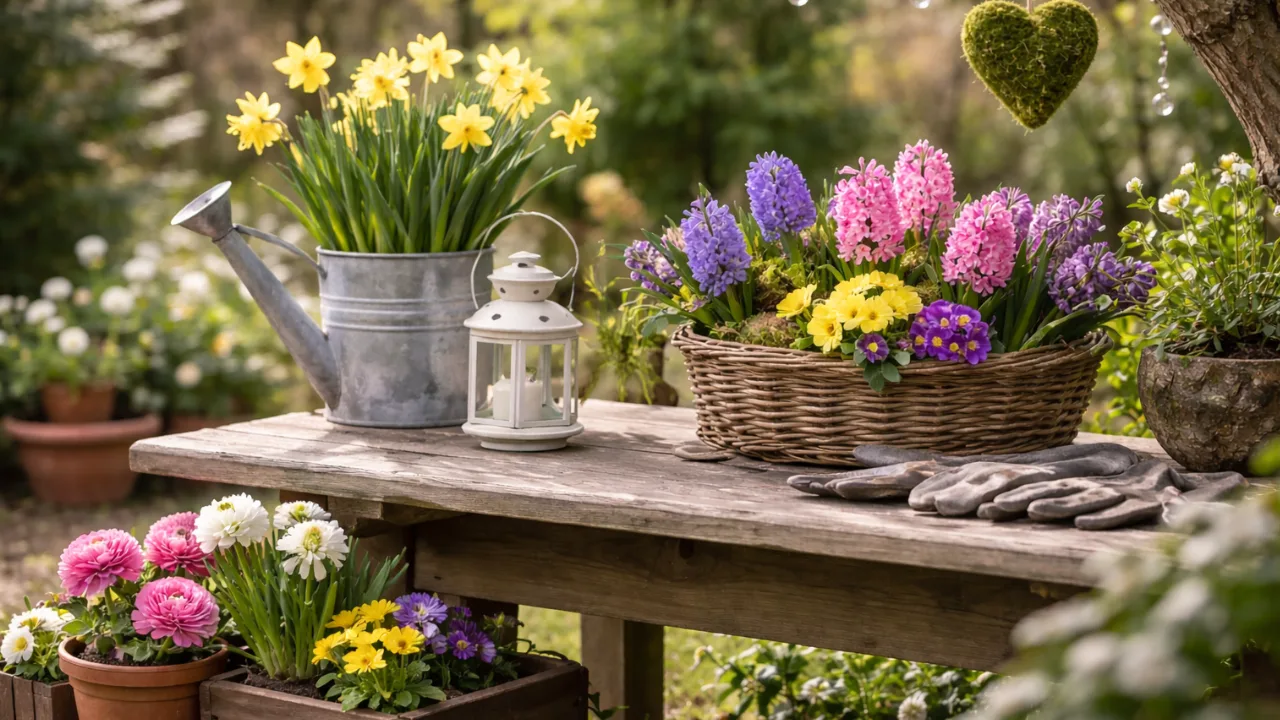 Frühlingsdeko draußen mit Narzissen, Hyazinthen und Primeln auf Holztisch im Garten
