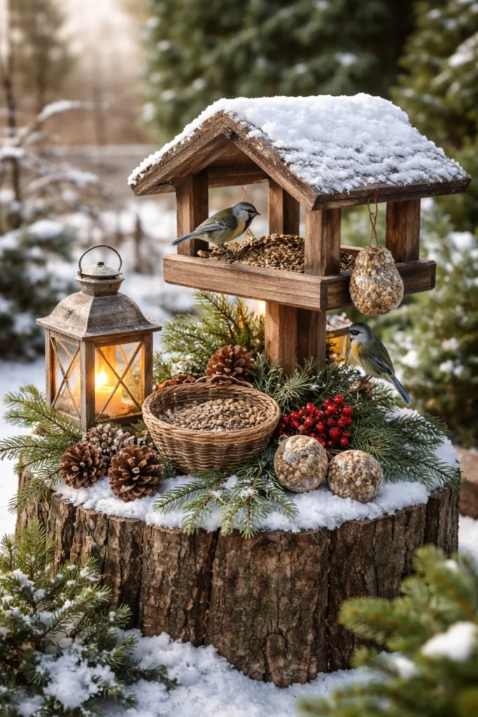 Winterdeko im Vorgarten mit Vogelhaus, Zapfen, Laterne und Schnee