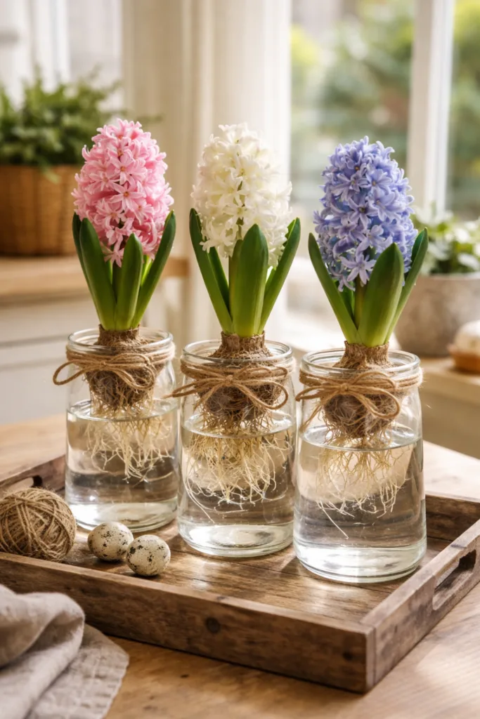 Drei Hyazinthen im Glas auf Holztisch – elegante, natürliche Frühlingsdeko