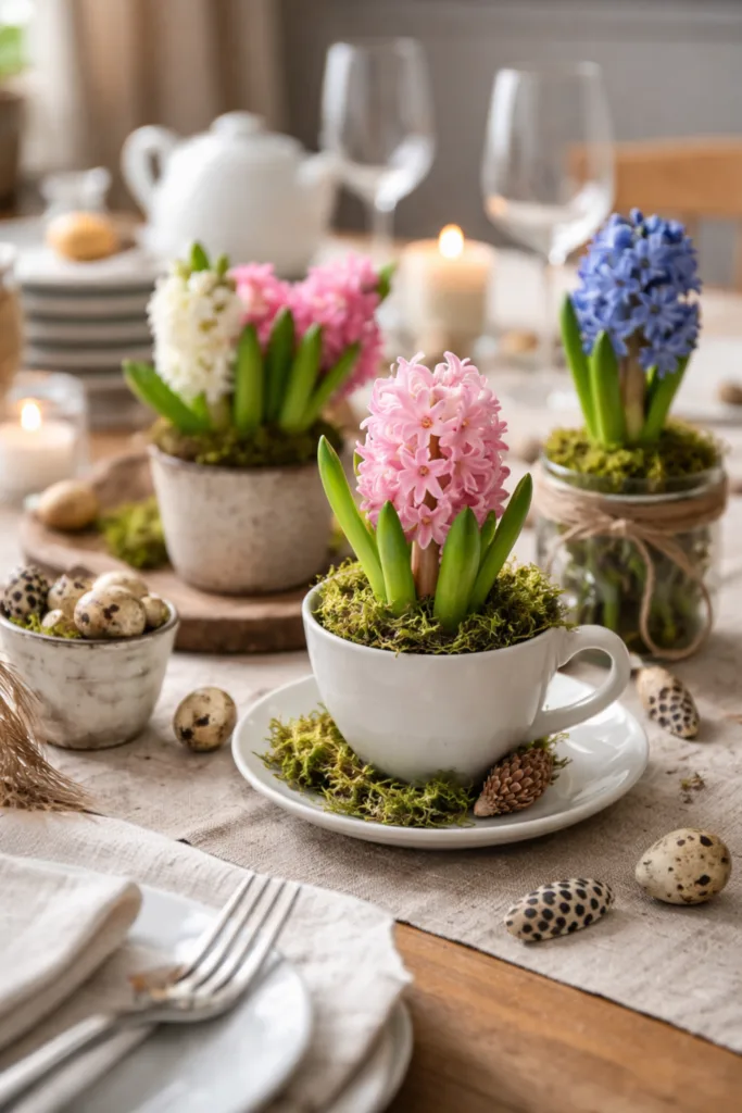 Hyazinthe Deko Idee als natürliche Tischdeko mit Moos und Frühlingsfarben