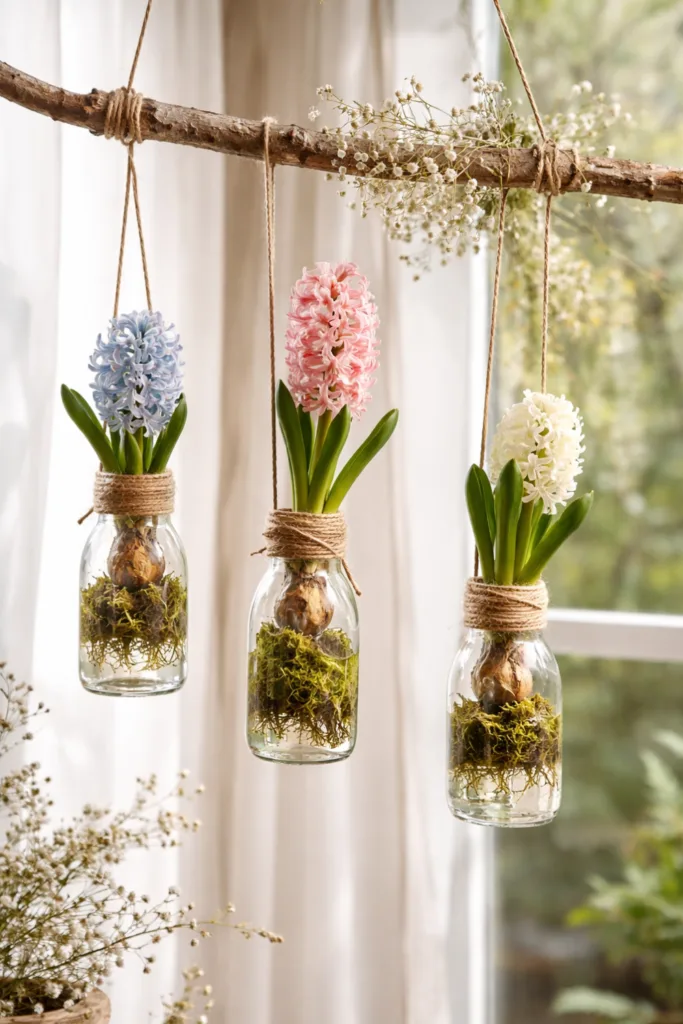 Hängende Hyazinthe Deko in Glasflaschen mit Moos und Frühlingslicht
