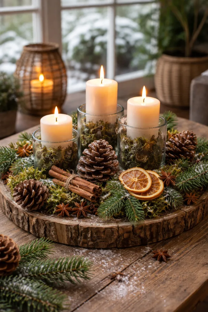 Mit diesen 5 Deko-Tricks strahlt dein Wintergarten im Winter Winterdeko im Wintergarten mit Holztablett, Tannenzweigen, Zapfen und Kerzen