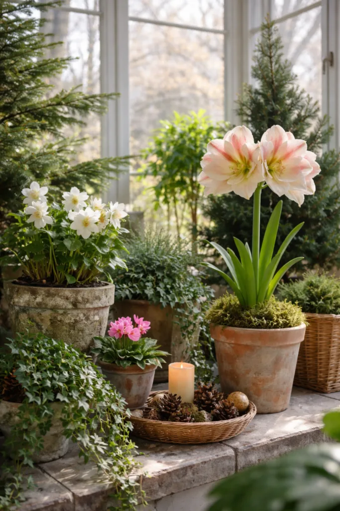 Mit diesen 5 Deko-Tricks strahlt dein Wintergarten im Winter Winterdeko im Wintergarten mit Amaryllis, Christrose und Kerze in natürlicher Umgebung