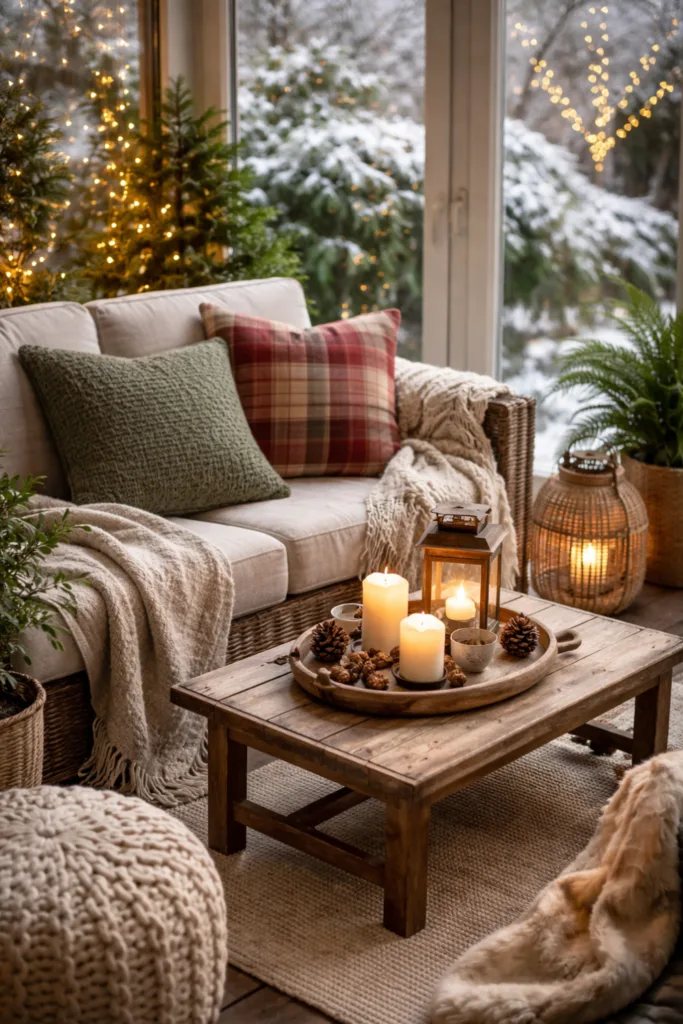 Mit diesen 5 Deko-Tricks strahlt dein Wintergarten im Winter Gemütlich dekorierter Wintergarten mit Kissen, Decken und Kerzen im Winter