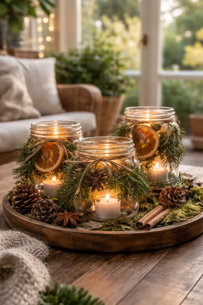 Mit diesen 5 Deko-Tricks strahlt dein Wintergarten im Winter Windlichter mit Tannenzweigen und Orangenscheiben als Winterdeko im Wintergarten