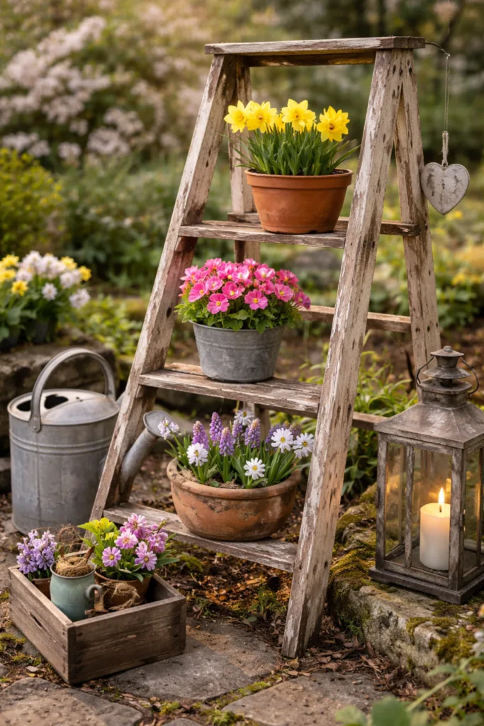 Rustikale Frühlingsdeko 2026 mit Blumen in Tontöpfen auf alter Holzleiter im Garten