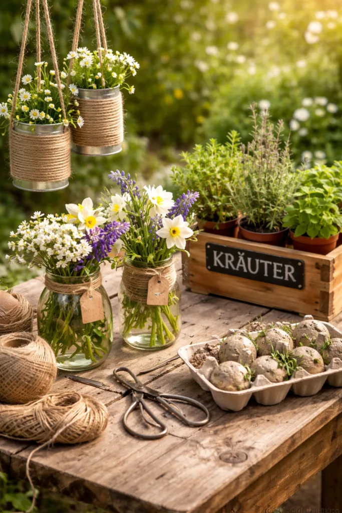 Nachhaltige Frühlingsdeko 2026 mit Holz, Glas und Kräutern im Garten